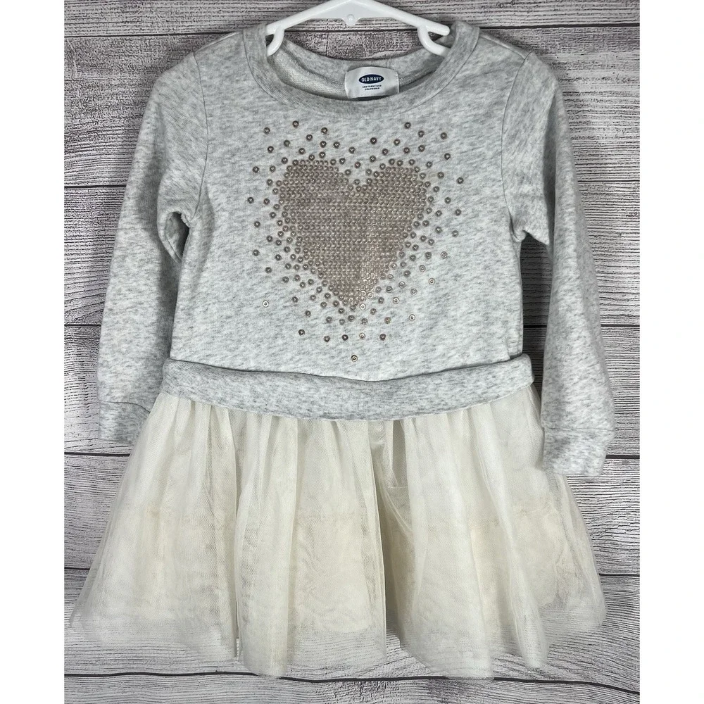 Old Navy Girls 2T Dress Tutu Sequin Long Sleeve Gray Gold Hearts